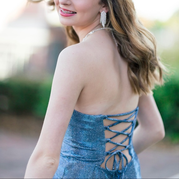 Size 0 Blue purple iridescent strapless prom gown. Lace up. B Darlin - Picture 4 of 9